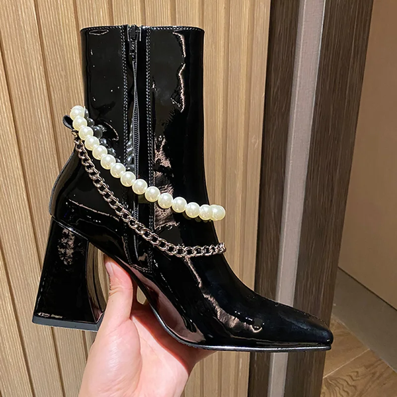 

Pearl Chain Square Toe Chelsea Boots Patent Leather Chunky Heel Ankle Boats Side Zip Mid Botines Femininas Women Shoes Zapato