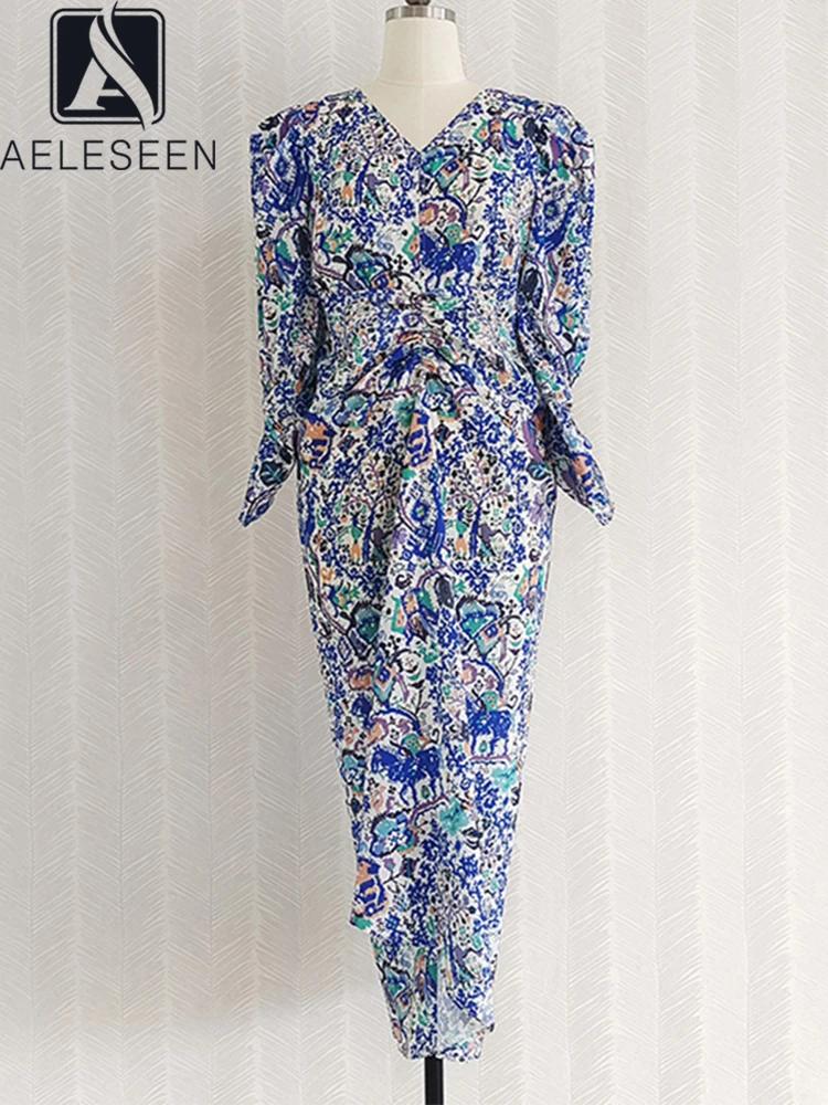 

AELESEEN Fashion Runway 2022 Spring Summer Irregularity Dress Women Blue Puff Sleeve V-Neck Flower Printed Shirring Party Long