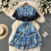 french style vintage o neck short sleeve party dress for women summer elegant floral knee length dress lady chic short vestido