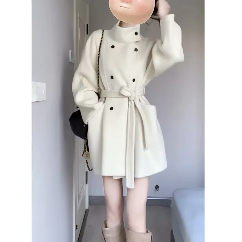 Элегантное шерстяное пальто средней длины белое корейское для женщин осень/зима