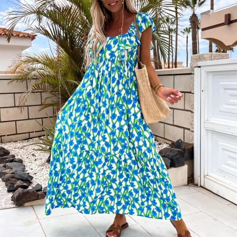 

Stylish Long Dress Ruffled Sleeve Colorfast Lady Dress High Waist Floral Printed Long Dress