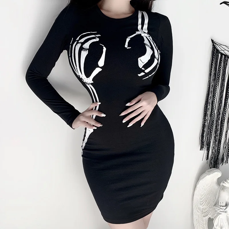 

Woman Sexy Gothic Dress Dark Style Print O-neck Slim Body Dresses Women Push Up Hip Stretch Sheath Clothes 2023 Sexy Aesthetic