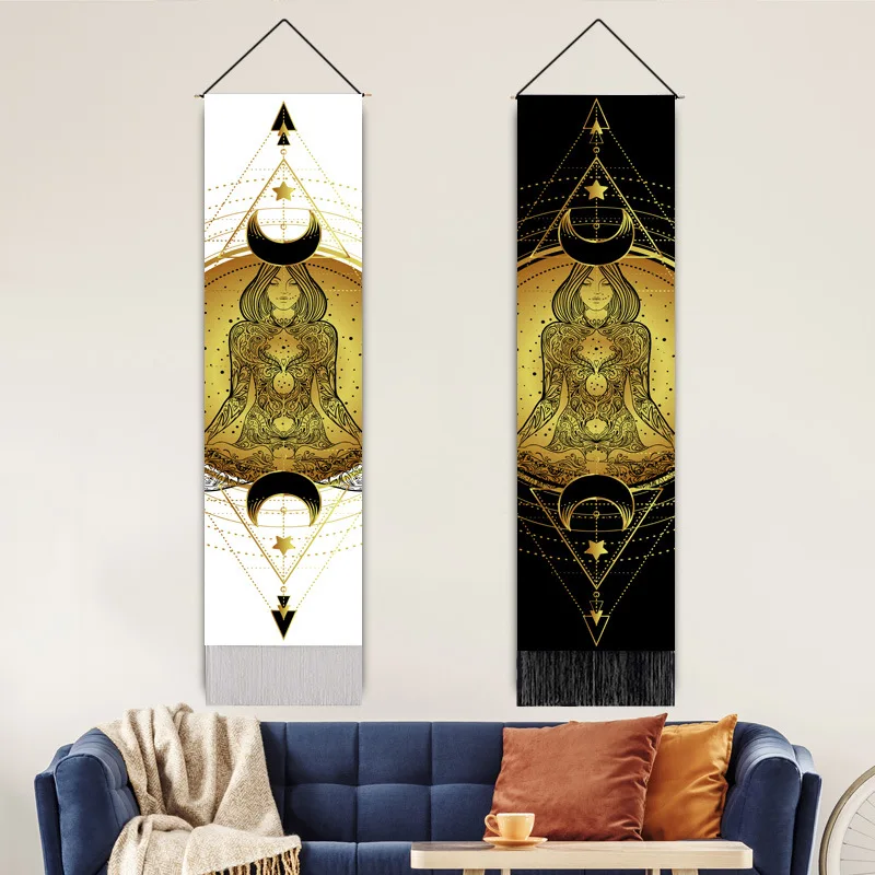 

2023 New Woman Silhouette Sitting Lotus Tapestry Sacred Unicorn Bohemia Tassels Blankets Background Living Room Curtain Backdrop