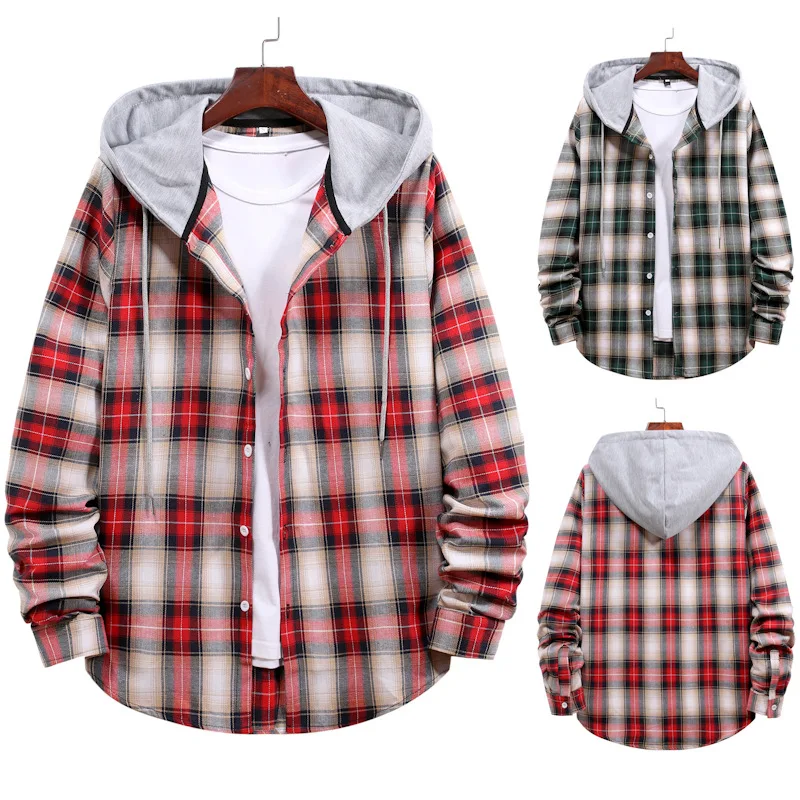 

Men's casual hooded plaid sweater loose long-sleeved coat