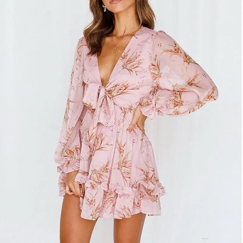 

Summer New Sexy V-Neck Temperament Waist Ruffle Tie Long-Sleeved Dress