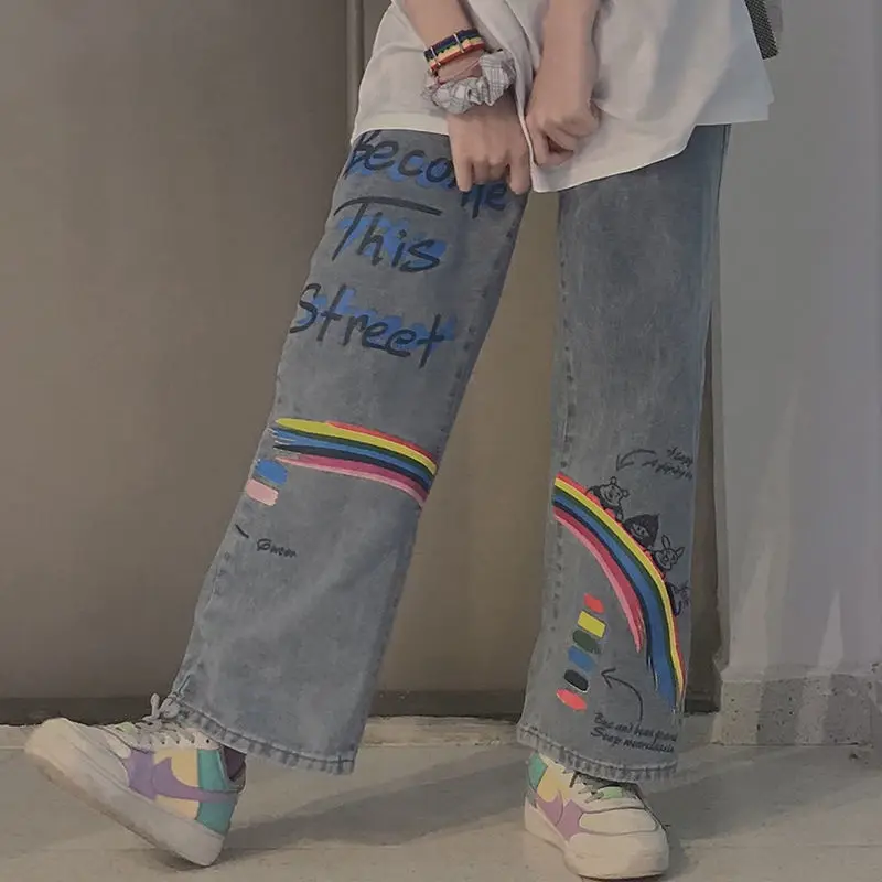 Cute Rainbow Print Jeans Girls Straight Pants Trousers Female Harajuku High Street Denim Bagge Cool Autumn Boyfriend Jeans Femme