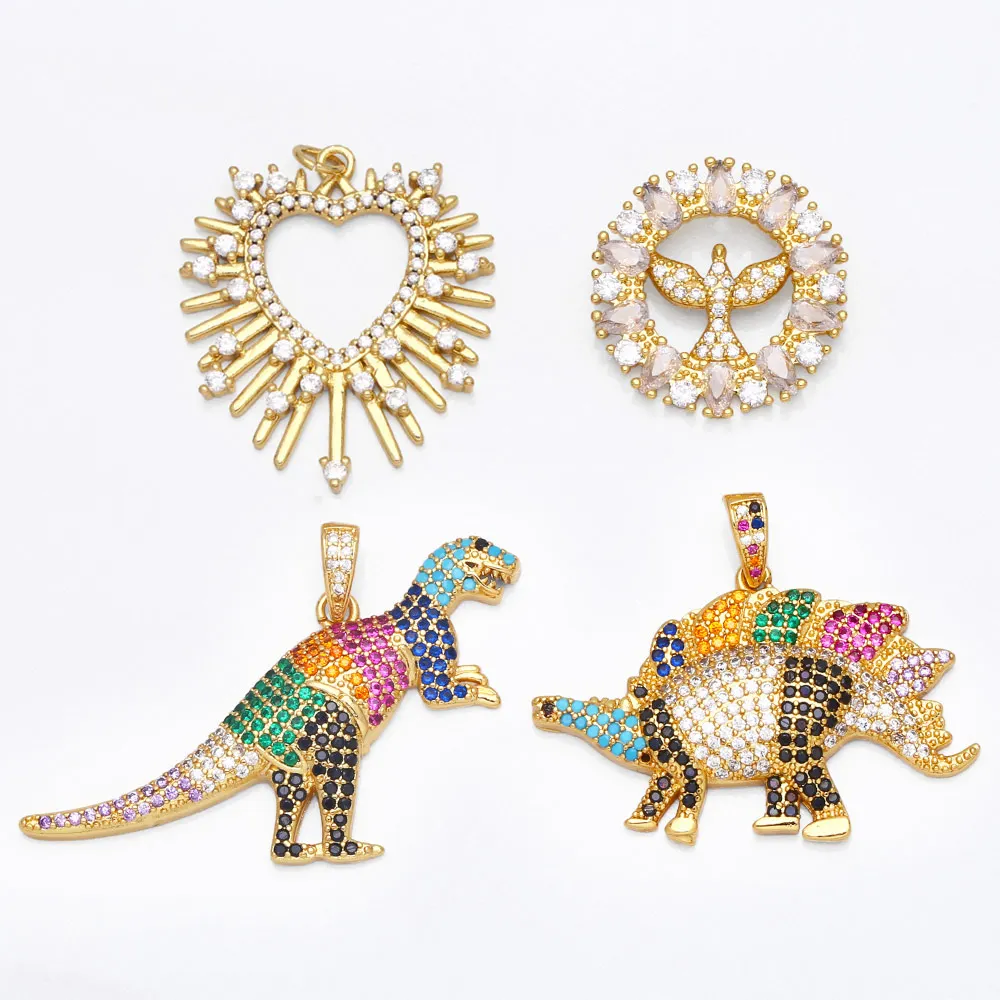 

OCESRIO Rainbow Dinosaur Gold Plated Pendant for Necklace CZ Copper Heart Pendant DIY Jewelry Making Accessories pdta674