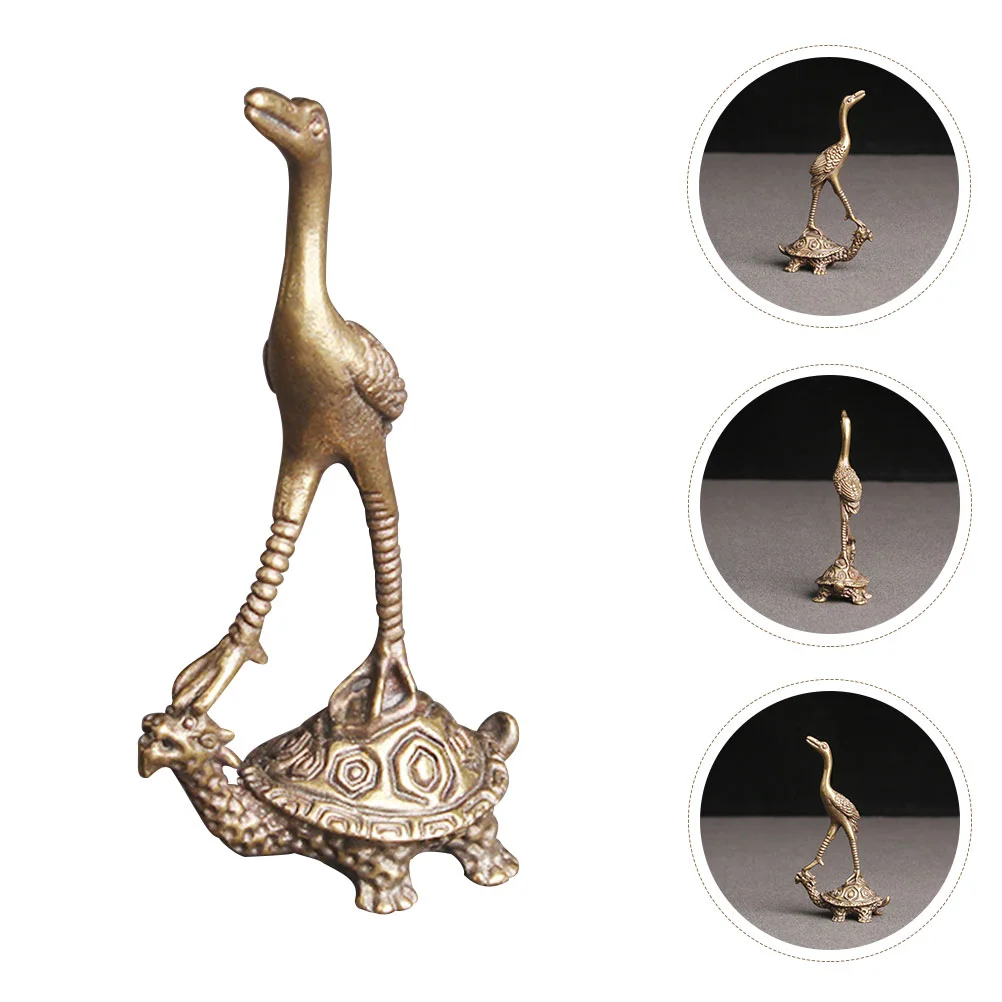 

Brass Tortoise and Crane Ornament Craft Table Top Decor Animal Car Trim Lucky Turtle Statue