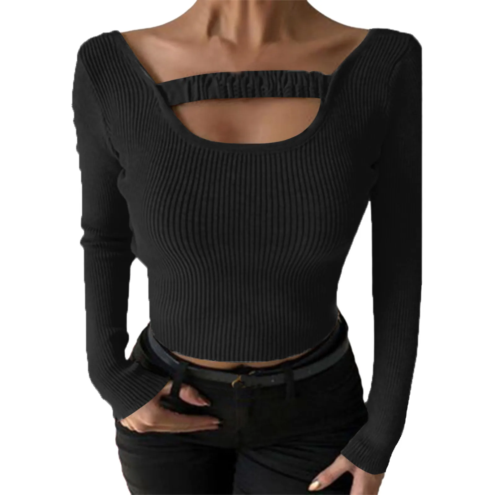 Women's Autumn 2022 Solid Color Thread Sexy Round Neck Slim Long Sleeve T-shirt Top