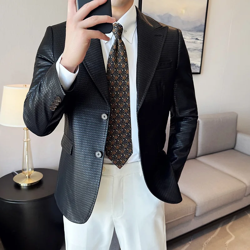 High-Grade Pu Shuai Leather Suit Men's 2024 New Plaid Outerwear Trendy Korean Sle Slim fit Business Casual Jacket