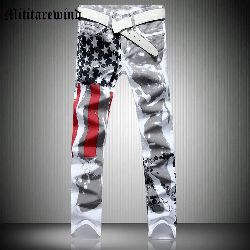 

Джинсы мужские с принтом американского флага, модные облегающие брюки в полную длину, повседневные уличные модные штаны в стиле хип-хоп, Y2k, белые