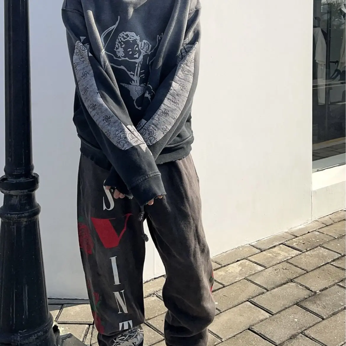 

Fashion Trend SAINT MICHAEL CHO Skull Rose Print Washed Old Tie Feet Sports Loose Men's Pants