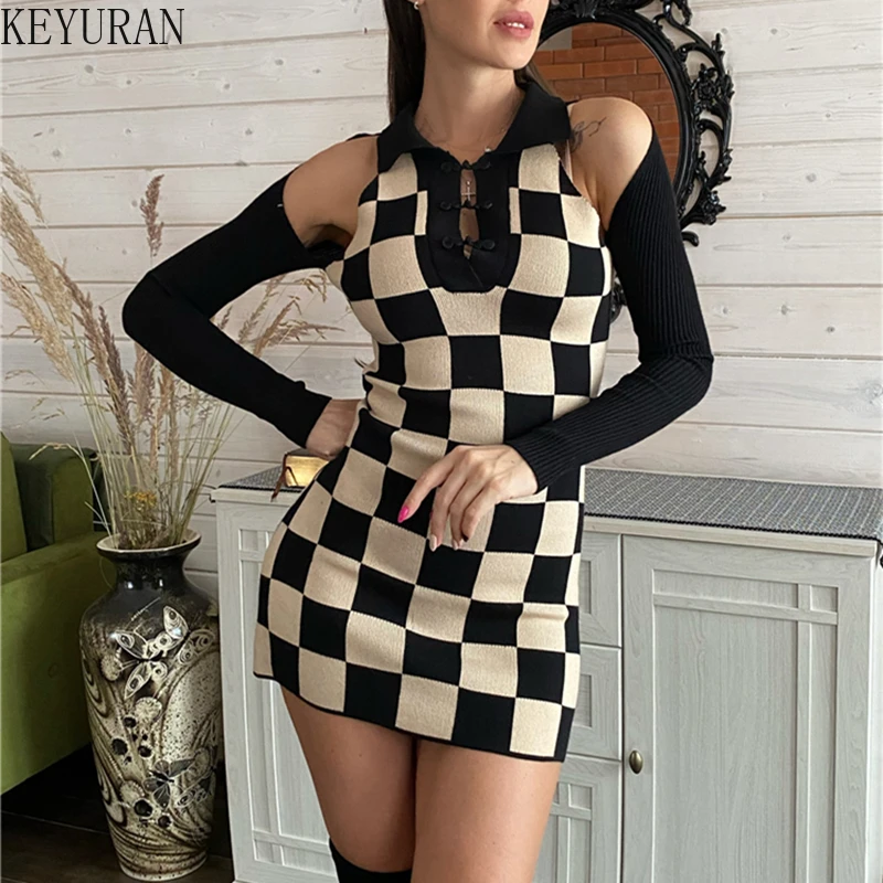 

Весеннее трикотажное женское платье в клетку 2022, облегающие Сексуальные облегающие вечерние платья с длинным рукавом и ажурным поясом, женские платья