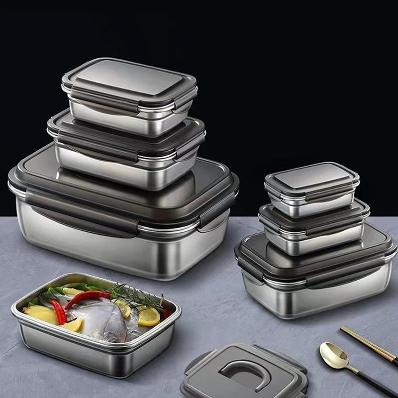 304 Stainless Steel Crisper Box Airtight Food Storage Container With Lid Lunch Bento Outdoor Picnic Camping Tool