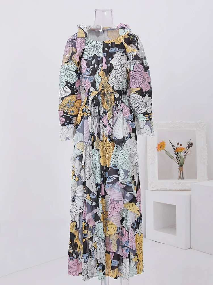 Платье длинное Плиссированное с поясом и оборками 32C731