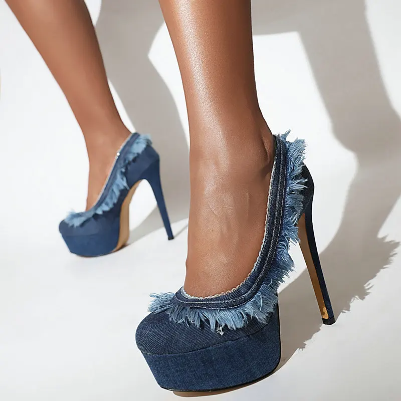 Sexy Platform Pumps Women 2022 Thin High Heels 12.5cm New Fashion Denim Shoes Comfortable Dress Party Wedding Stiletto