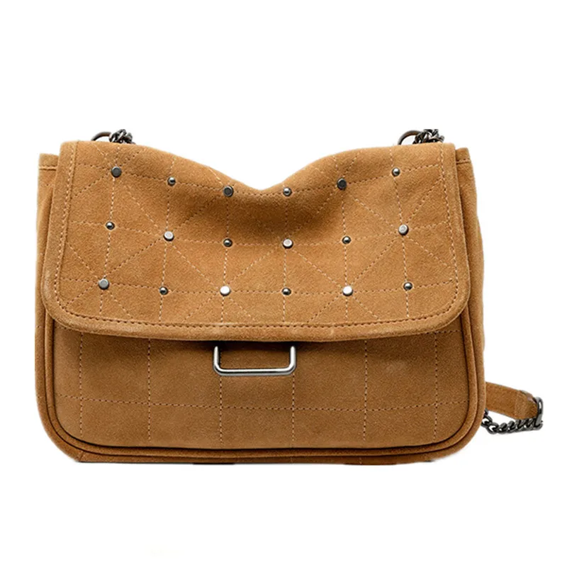 Women's bag 2022 new wandering rivet small square brown suede leather single shoulder messenger |