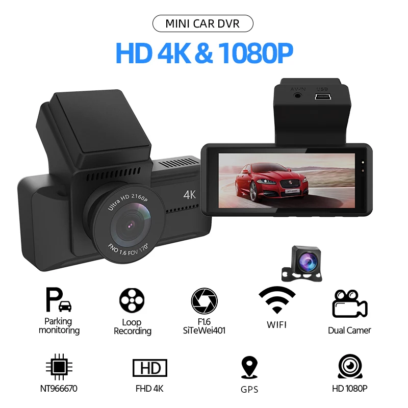 E-ACE B11P 4K видеорегистратор 2 45 дюйма мини Автомобильный 2160P с ночным видением двумя