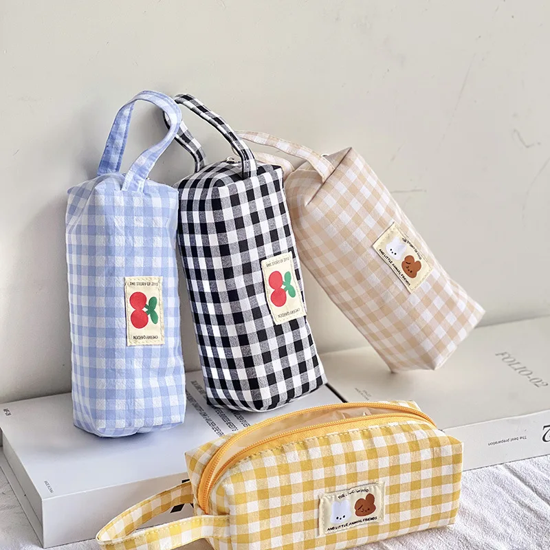 

Japanese Style Grid Pencil Bag Simple Storage Pouch Cute Stationery School Supplies Large Capacity Pencil Case Cosmetic Bag