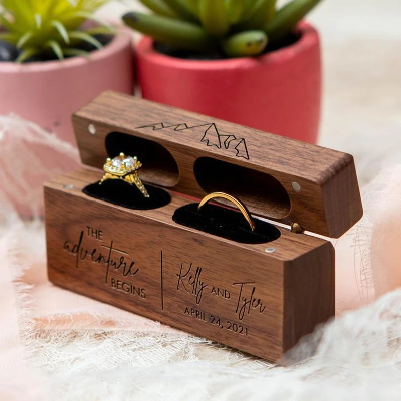 

Double Ring Bearer Holder for Wedding Engagement Jewelry Boxes Walnut Holder