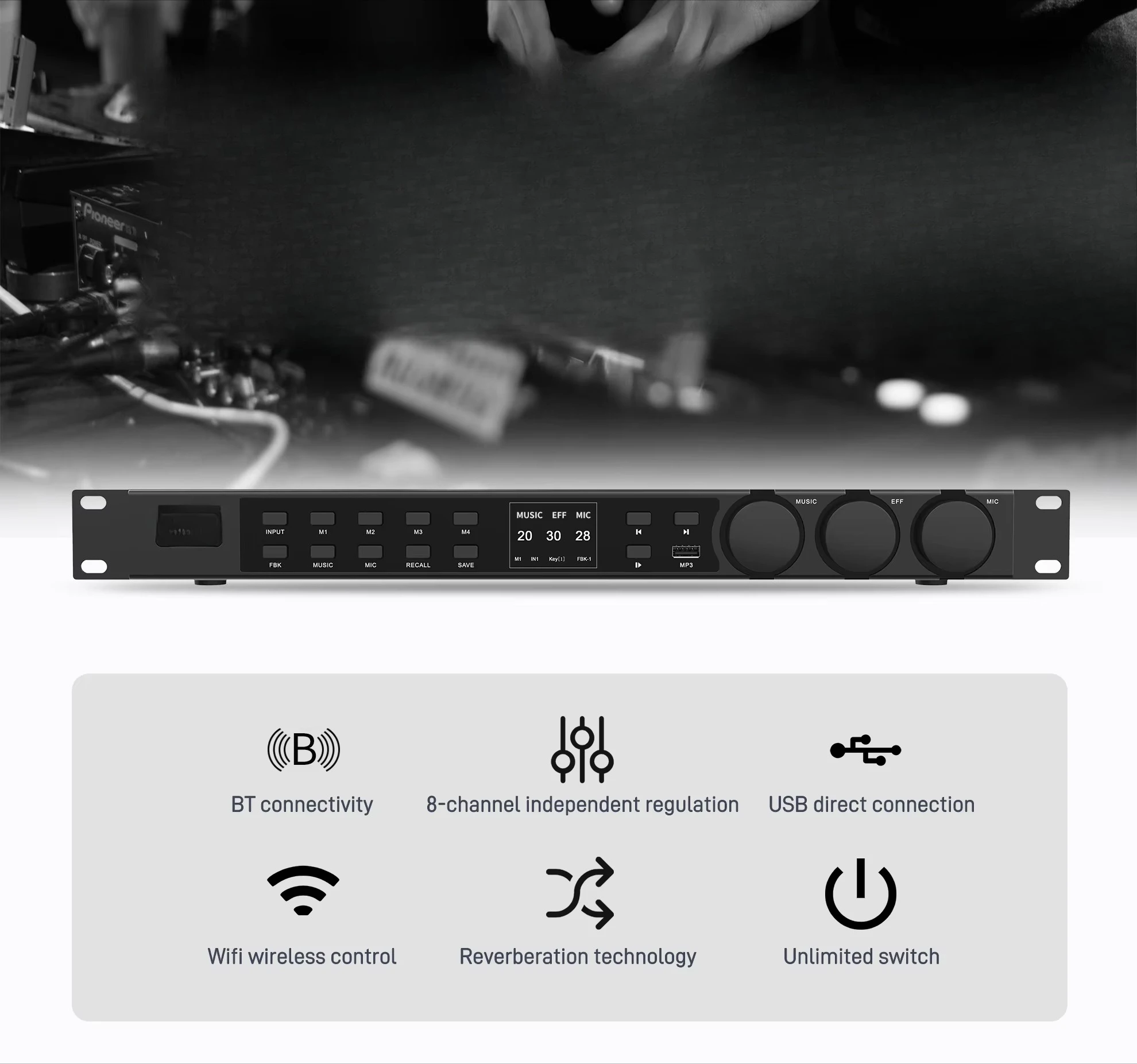 Фото Профессиональный аудиопроцессор Sound system effector с Bluetooth, USB-портом и функцией караоке, предэффектный процессор для диджеев №3