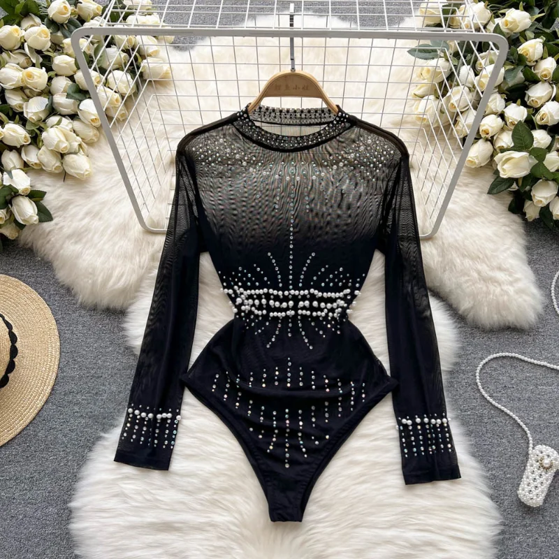 

Hikigawa Chic Fashion Women Sexy Beaded Sequins Light Luxury Bodysuits Thin Style Slim Fit Long Sleeve Inner Bottoming Top Mujer