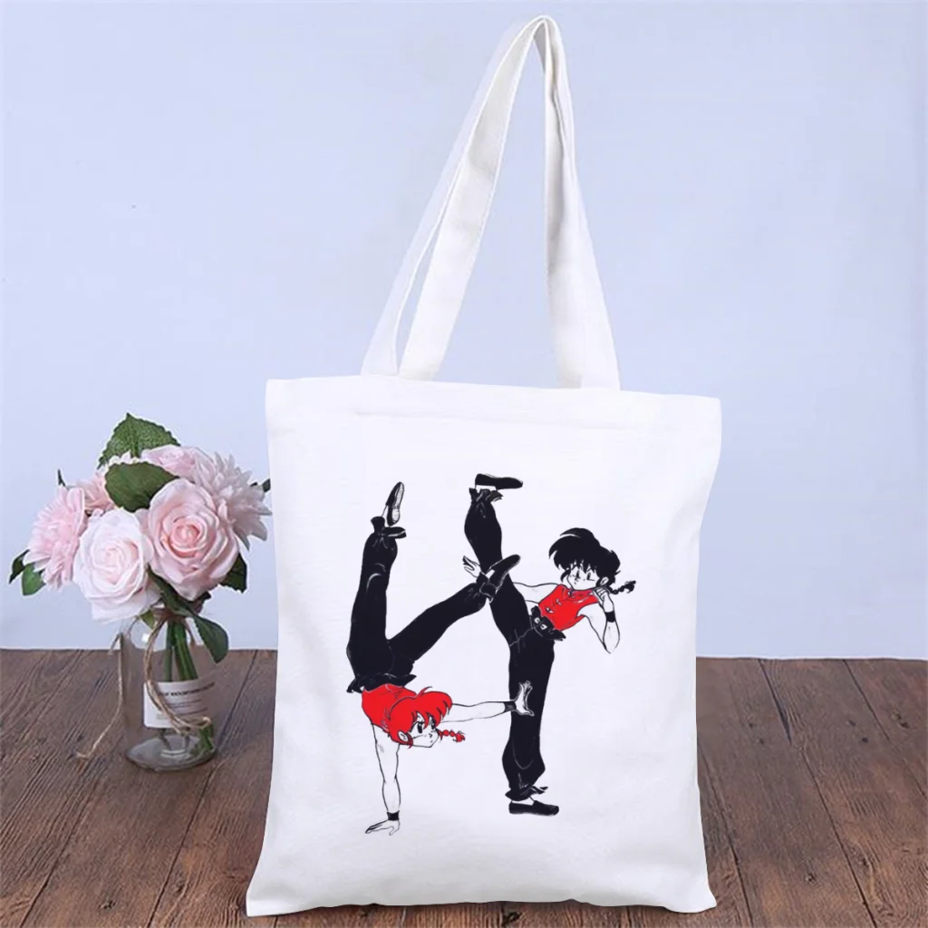 

BattelHandbag Ranma12 Amine Shoulder Canvas Bag Teens Storage Pocket Double Print Fitness Shopper HandBag Vintage Pouch Tote Bag