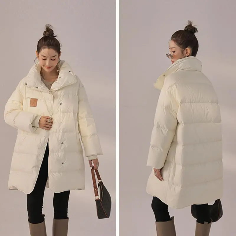 Women's 2023 New Winter Korean Style Solid Loose Long Sleeve Jackets Fashion Casual Female White Duck Down Coats Tops C70