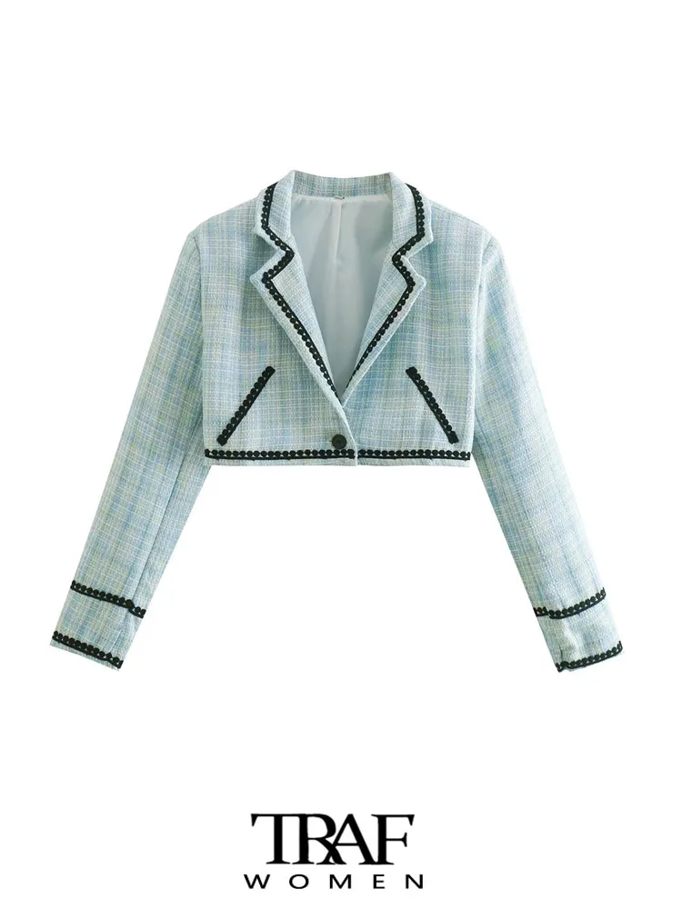 

TRAF Women Fashion Patchwork Tweed Cropped Blazer Coat Vintage Long Sleeve Front Button Female Outerwear Chic Veste Femme