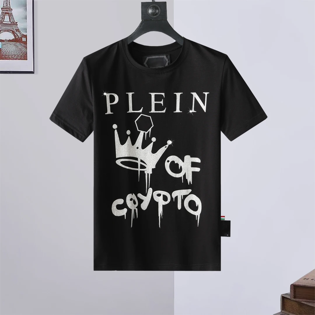 

2022 summer new short sleeved men's pure cotton crown letter creative hot diamond top slim fitting T-shirt fashion trend O-Neck