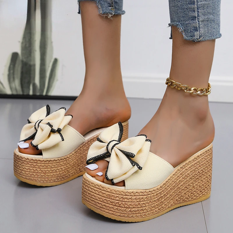 

Women Slippers Fashion Pee Toe Summer Shoes Butterfly-knot High Heels Slides Platform Wedges Ladies Woman's Shoes Luxury Outside