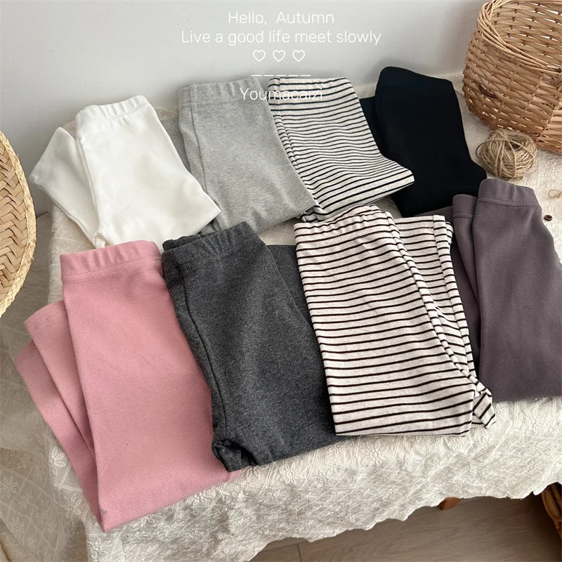 

2023 Autumn Kids Leggings Solid Color Striiped Cotton New Children's Brushed Thickened Bottom Pants Tights Girls' Elastic Pants
