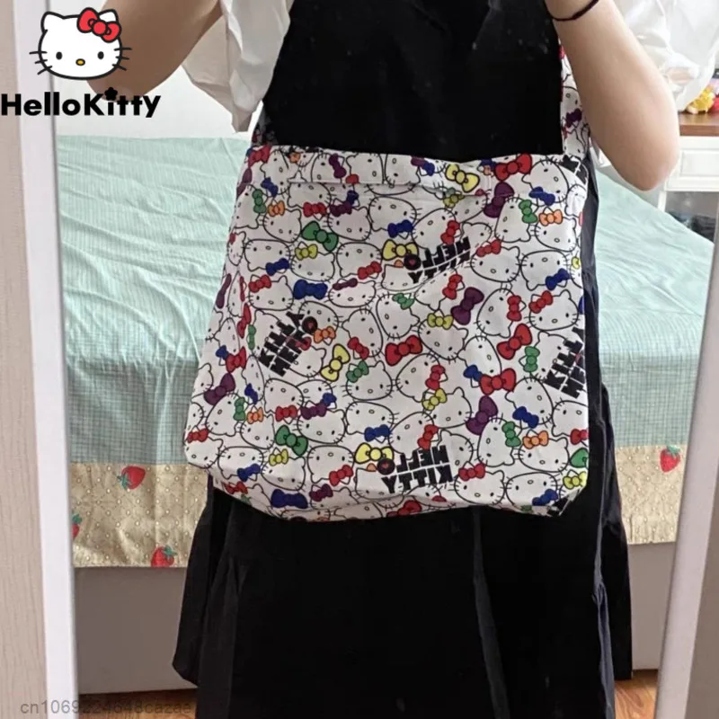 Sanrio Hello Kitty Lovely Homemade Canvas Handbag Cartoon Harajuku Commuting Tote Bag Large Capacity Bag Graffiti For Women Y2k