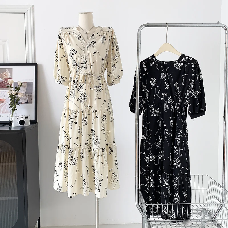 

Женское шифоновое платье с цветочным принтом, винтажное длинное облегающее офисное платье-трапеция в Корейском стиле с эластичным поясом и V-образным вырезом, в стиле ретро, лето