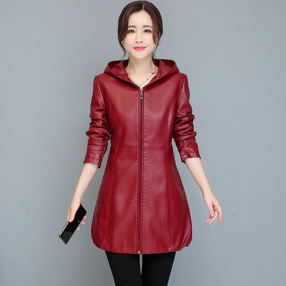 New Women Hooded Leather Coat Spring Autumn Casual Fashion Long Sleeve Thick Slim Sheepskin Outerwear Female Leather Jacket