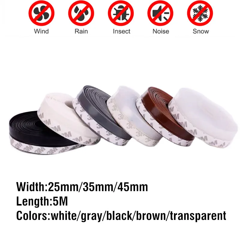 

5M Self Adhesive Door Seal Strip Weather Strips Silicone Soundproofing Window Seal Draught Dust Insect Sealing Tape 25/35/45MM