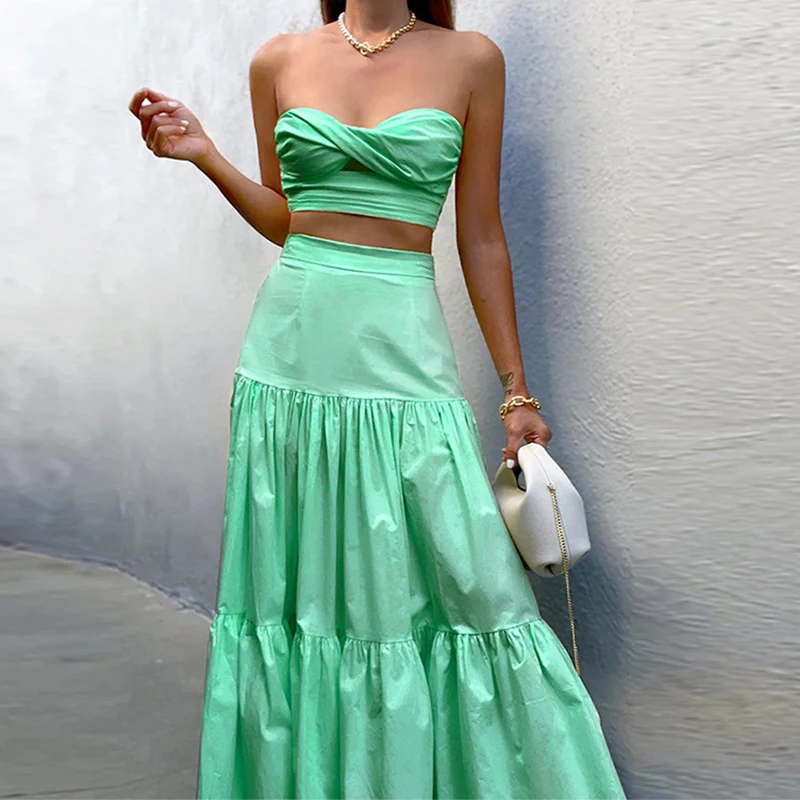 

Chic Casual Solid Color Women Two Piece Dresses Set Female Bra Tops&A-line Long Skirts Suit Holiday High Waist Pleat Outfits