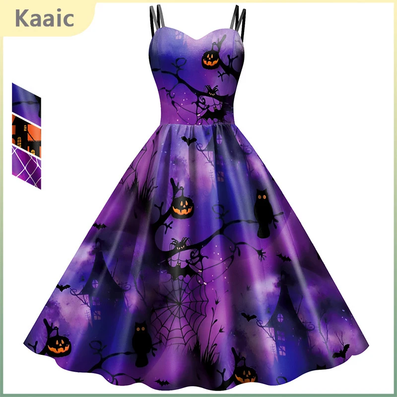 

Halloween Costumes Cosplay Witch Skirt Women Bat Pumpkin Digital Print Halter Dress Sexy Female Clothing Christmas Masquerade