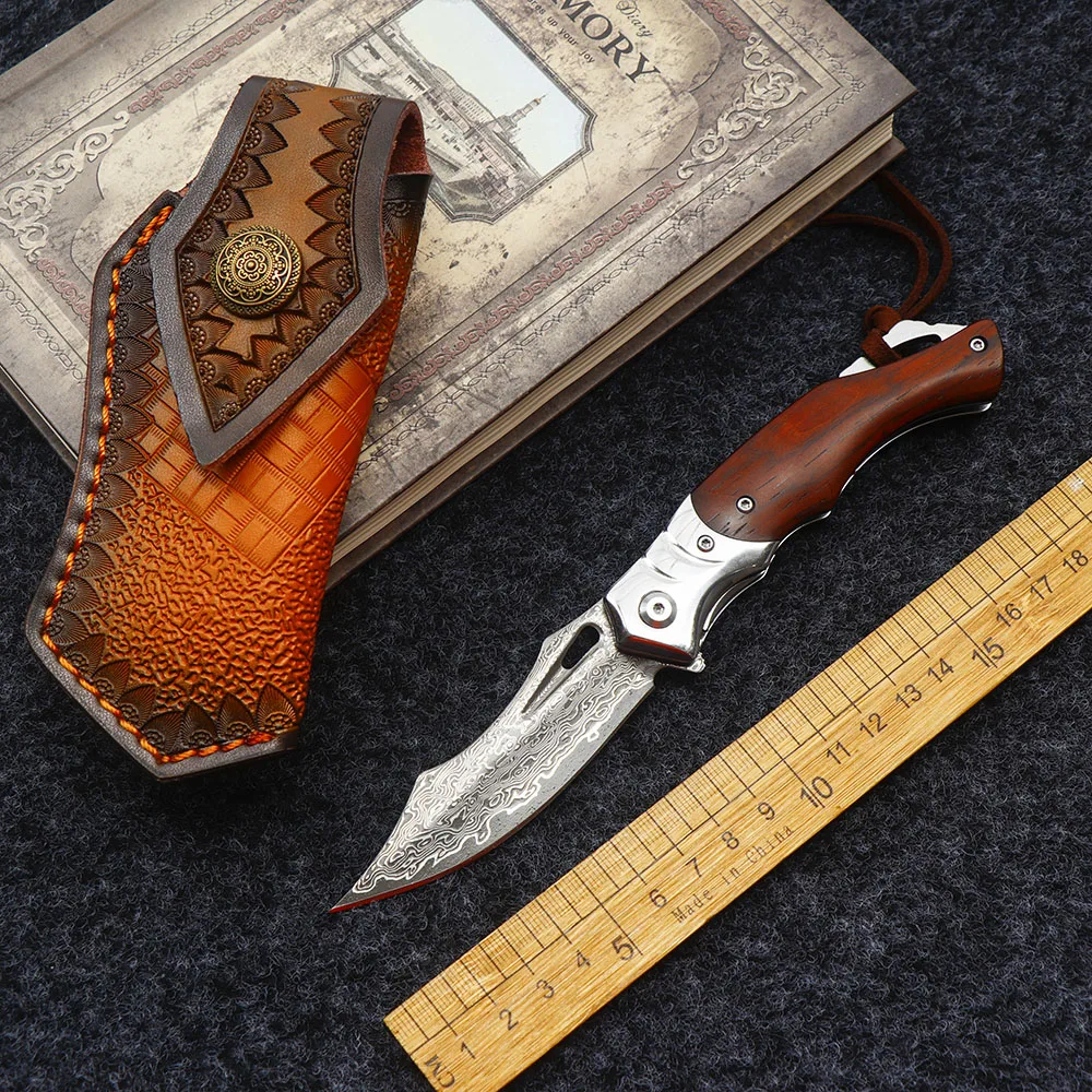 

VG10 Damascus sandalwood folding knife ball bearing camping hunting pocket knife outdoor self-defense knife household pocket kni