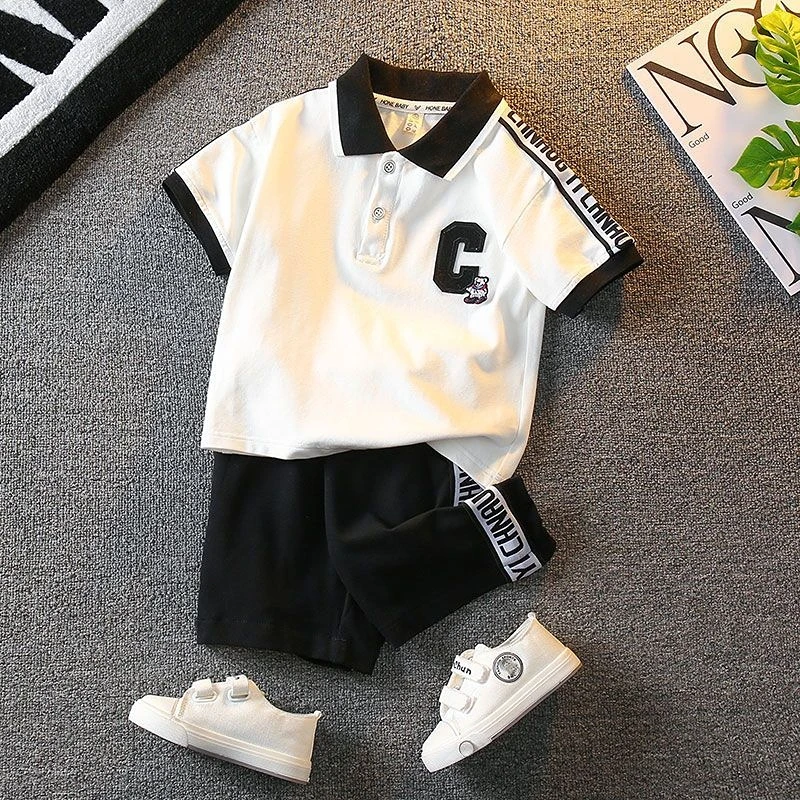 Комплект повседневной одежды, спортивная одежда для мужчин, детская одежда, футболка с коротким рукавом + шорты, летняя детская футболка-поло, Корейская надпись, тренд для мальчиков