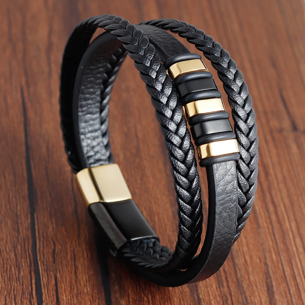 

Popular Leather Rope Men's Bracelet Stainless Steel Leather Braided Bracelet Leather Multilayer Jewelry for Men