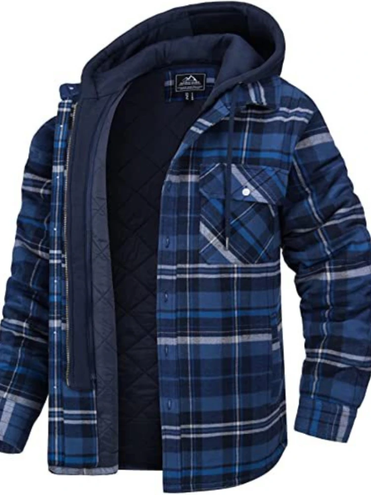 2022 Best Men's Wear European and American Autumn and Winter Heavy Cotton Shirt Plaid Long Sleeve Loose Hooded Jacket Coat