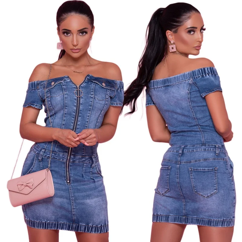 

Off Shoulder Dresses Women Summer Sexy Zipper Slash Neck Short Sleeve Bodycon Jeans Dress Office Lady Elegant Denim Mini Dress