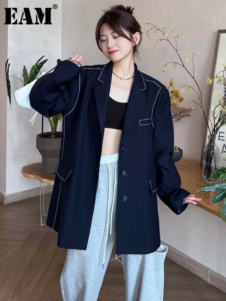 

[EAM] Women Blue Topstitched Big Size Blazer New Lapel Long Sleeve Loose Fit Jacket Fashion Tide Spring Autumn 2023 1DF5578