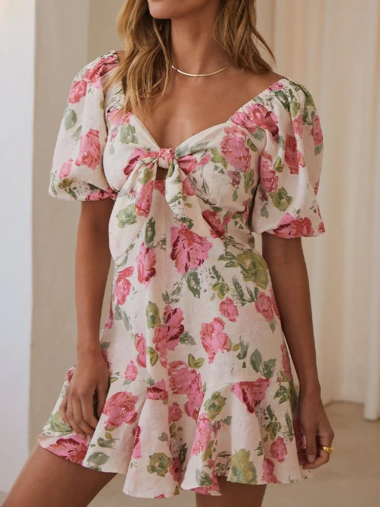 

Floral Mini Dress Women Summer Puff Sleeve Short Dress V Neck Sexy Lace Up Dress High Waist Elegant Robe Femme