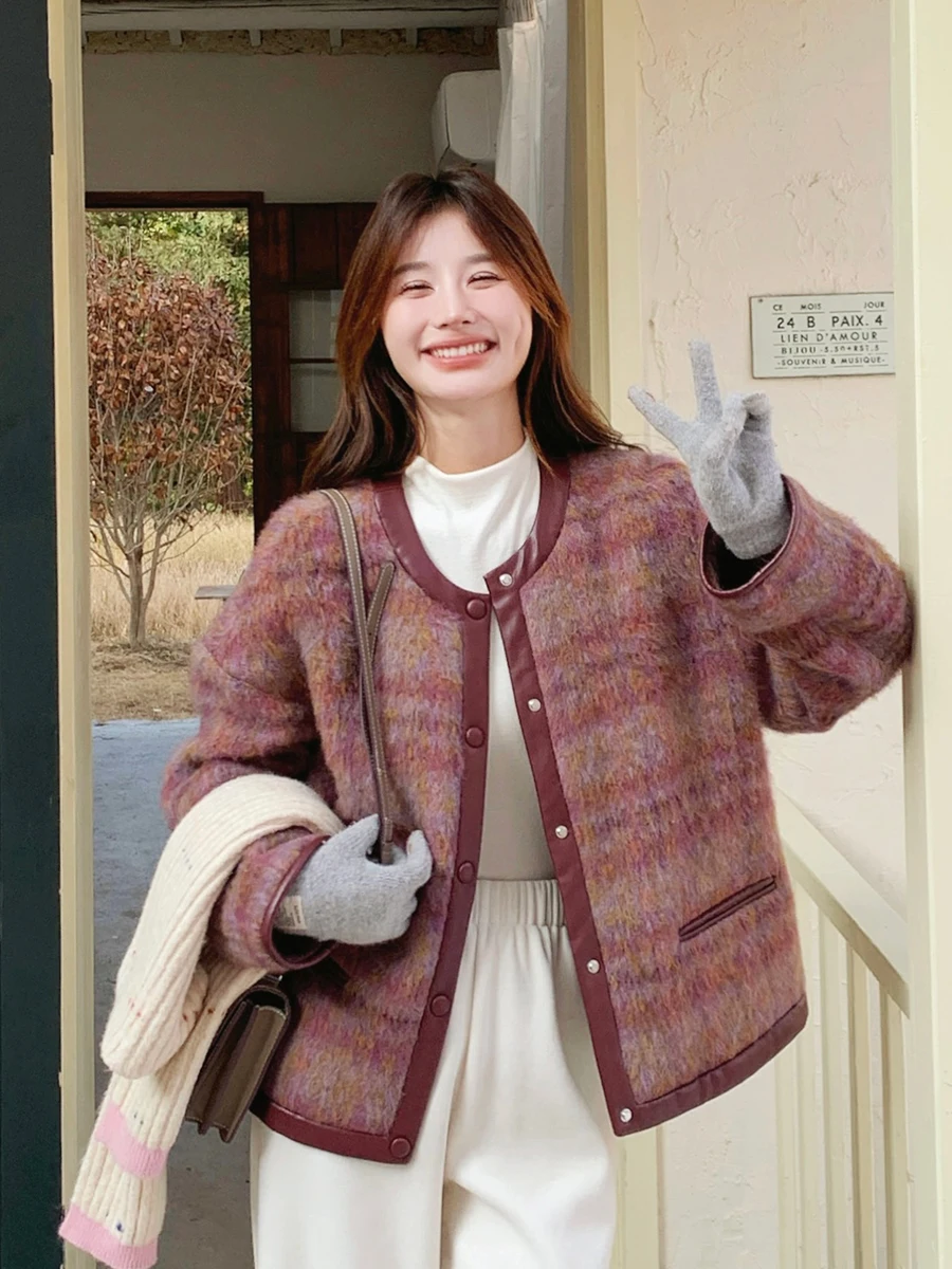 Small Wool coat Women Winter 2024 New Design Sense Korean Series Leather Patchwork Quilted Woolen Outerwear |