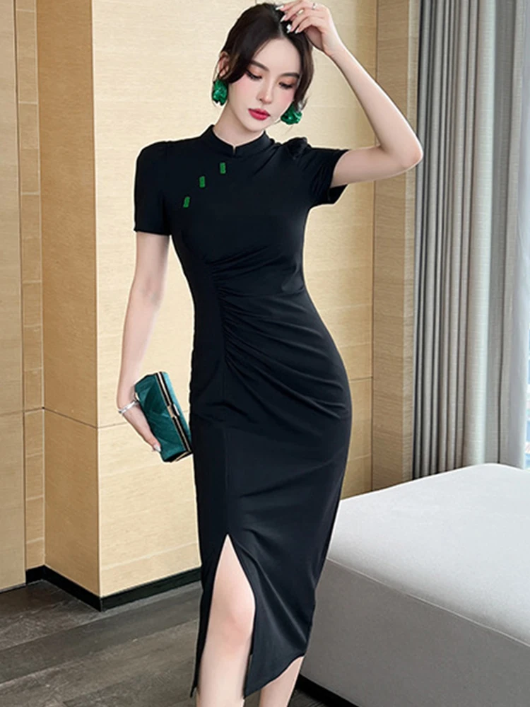 

Qipao Elegant Women Evening Dress Black Temperament Vintage Folds Short Sleeve Slim Slit Midi Party Club Femme Mujer Vestidos