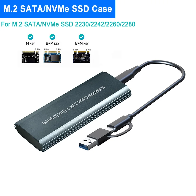 M.2 to USB 3.1 SSD Case, Dual Protocol M.2 NVME PCIe NGFF SATA M2 SSD Adapter for 2230 2242 2260 2280 NVMe/SATA M.2 SSD RTL9210B