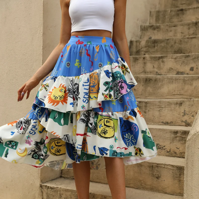 

Модная женская летняя юбка в стиле пэчворк, Женская шикарная Повседневная Свободная юбка с принтом граффити и подолом для офиса