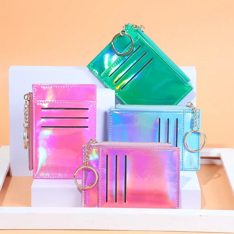 

PU Leather Credit Card Bag Purse With Keychain Fashion Mini Colorful Laser Color Zipper Pocket Coin Cash Bus Card Organizer